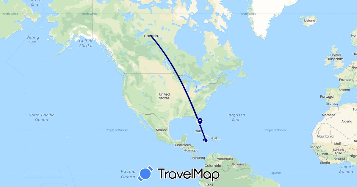 TravelMap itinerary: driving in Canada, Jamaica, United States (North America)